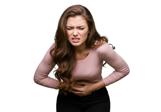 Young woman grimacing in pain holding her abdomen showing discomfort and stomach ache isolated on transparent background