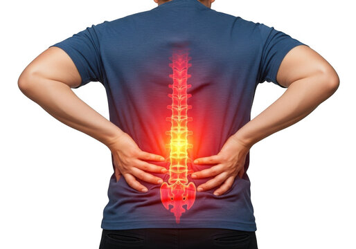 Visualizing lumbar spine discomfort and vertebral column pain with a glowing red and yellow spinal cord illustration isolated on transparent background