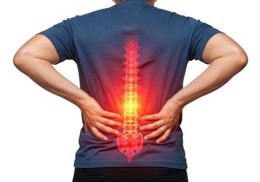 Visualizing lumbar spine discomfort and vertebral column pain with a glowing red and yellow spinal cord illustration isolated on transparent background