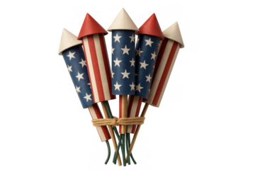 American flag patterned firework rockets bundle, preparing for a patriotic holiday celebration, transparent background