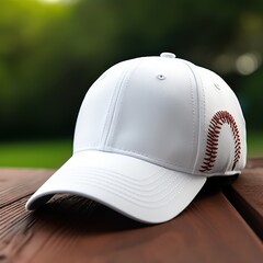 A white baseball cap with a red baseball stitching design rests on a wooden surface with a blurred green background.