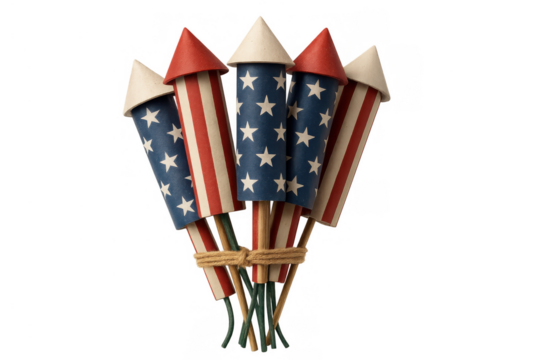American flag patterned firework rockets bundle, preparing for a patriotic holiday celebration, transparent background