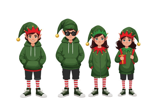 Four cartoon elves, wearing green hoodies and elf hats, standing together.