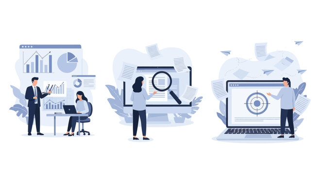 Project development specifications concept, Business analysis, software requirement description, vision and scope document, set flat vector modern illustration