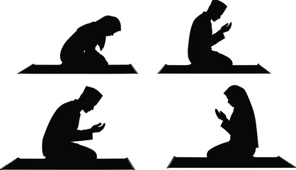 Islamic prayer silhouette, kneeling worship vector, spiritual devotion clipart, muslim man woman praying, religious pose set, cad drawing flat vector illustration