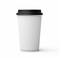 A plain white coffee cup with a black lid, suitable for beverages like coffee or tea, often used for takeout or on-the-go drinks.
