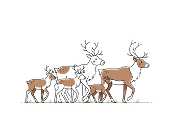 A line drawing of a reindeer family walking in a row, with varying sizes and colors, on a white background.