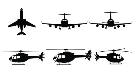 Aircraft and helicopters against a cloudy sky, transportation concept
