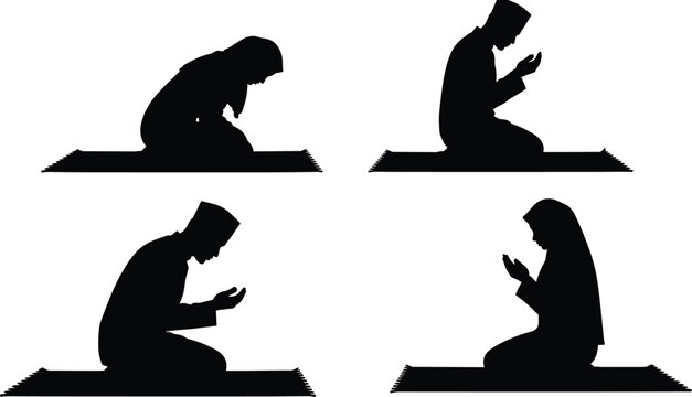 Islamic prayer silhouette, kneeling worship vector, spiritual devotion clipart, muslim man woman praying, religious pose set, cad drawing flat vector illustration