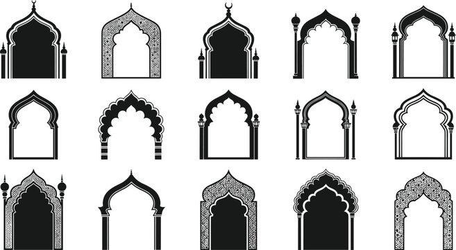 Islamic arch vector, mosque doorway design, ornamental architecture clipart, arabesque arch set, cultural heritage outline, cad drawing flat vector illustration