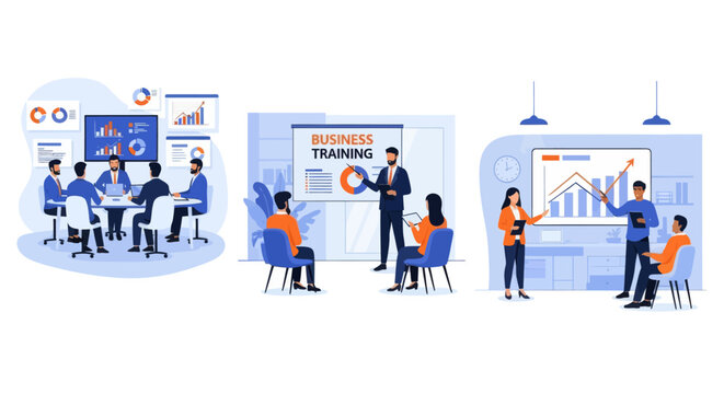 People at business training look at presentation with graphics. Business training or courses concept. Business training landing page. Set flat vector modern illustration