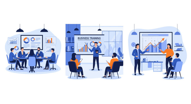 People at business training look at presentation with graphics. Business training or courses concept. Business training landing page. Set flat vector modern illustration