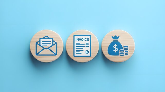 E-invoice and online digital statements concept. Wooden block with invoice icons on blue background