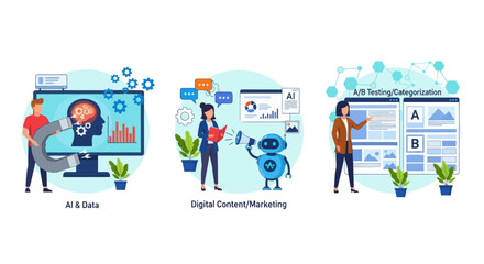 Man with computer. AI-Enhanced Automated Customer Engagement. A-B Testing and AI-Refined Marketing.