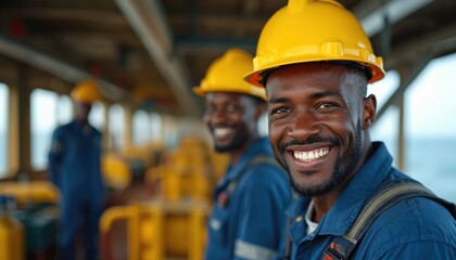 African industrial workers wearing yellow hard hats and blue uniforms on an oil rig or platform at sea. Smiling men at work in the energy industry. Two workers in the foreground and background.