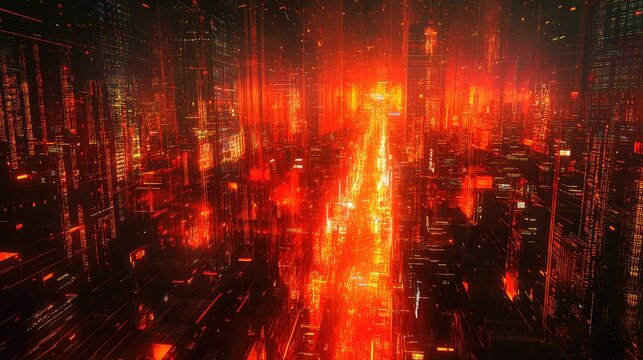Futuristic digital cityscape glowing with neon red light - Powered by Adobe