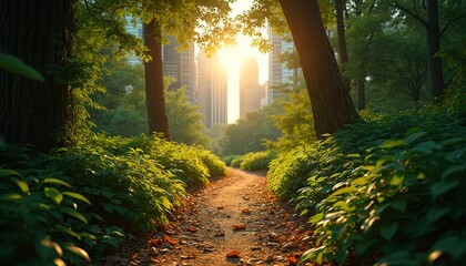 Dirt path winds through green forest with sunlight streaming through trees. City buildings rise in distance, contrasted with nature. Image represents urban green spaces, tranquility, coexistence.