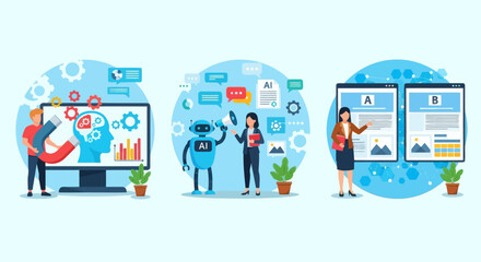 Man with computer. AI-Enhanced Automated Customer Engagement. A-B Testing and AI-Refined Marketing.