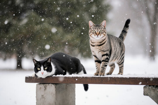 Two adorable feline friends enjoy a peaceful snowy day together outdoors, resting on a wooden bench amidst falling snowflakes in a serene winter scene