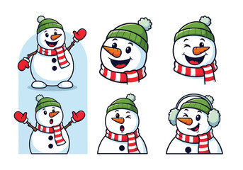 Collection of cartoon snowmen wearing green hats and red and white scarves, expressing various emotions.