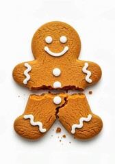 gingerbread man on a white background, Gingerbread man cookie broken into two pieces, showing a clear separation with a transparent background