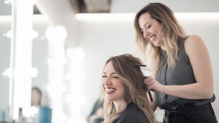 A beautifull woman is getting her hair cut by professional stylist hairdresser , smiling and laughing in the beauty salon.

