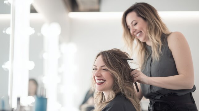 A beautifull woman is getting her hair cut by professional stylist hairdresser , smiling and laughing in the beauty salon.
