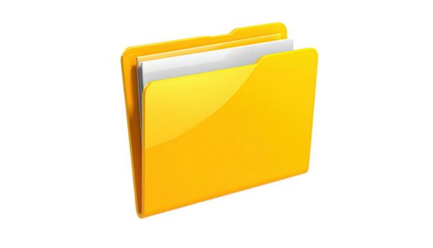 Yellow folder filled with documents, angled, black background