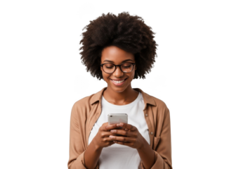 Young african american woman with curly hair wearing glasses and a button up shirt holding a smartphone isolated on transparent background