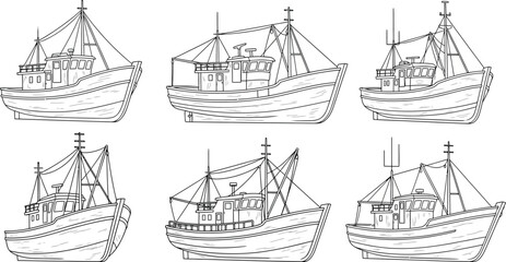 Line art illustration of six fishing boats in various side views