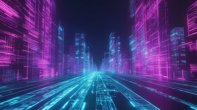 Digital cityscape illuminating future technology and data flowing