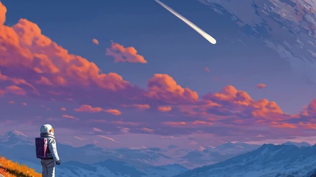 Astronaut on distant planet observing comet in vibrant space illustration