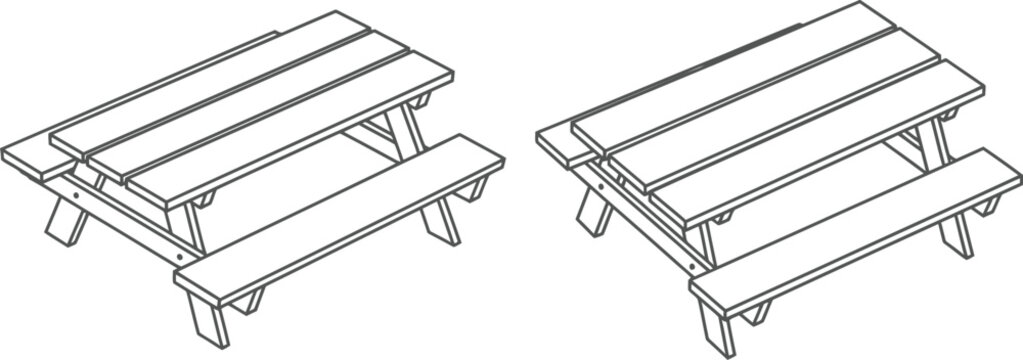 Simple line drawing of two wooden picnic tables viewed from above