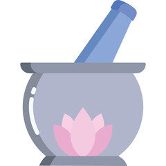 A flat icon of a mortar and pestle with a pink lotus flower design on the mortar in a light blue and gray color scheme on a transparent background representing holistic wellness and natural remedies