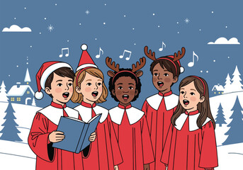 A group of children wearing Christmas attire sing carols from a book in a snowy winter scene.