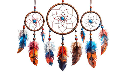 Trio of dreamcatchers with intricate webs and feather adornments