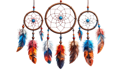 Trio of dreamcatchers with intricate webs and feather adornments