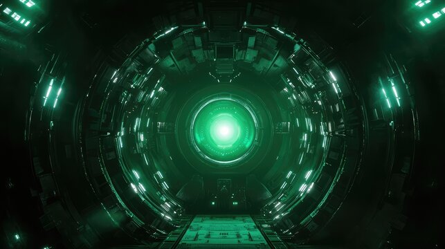 Futuristic sci fi tunnel with glowing green light and abstract digital portal - Powered by Adobe