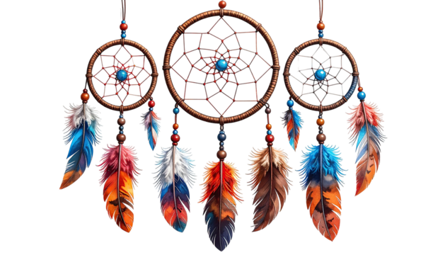 Trio of dreamcatchers with intricate webs and feather adornments - Powered by Adobe