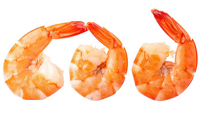 Trio of cooked, peeled shrimp, curved and plump, on black backdrop