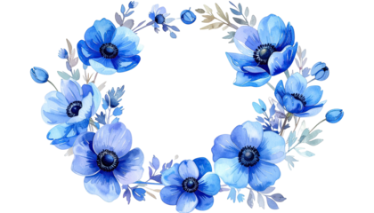 Blue watercolor anemone floral wreath isolated on black background