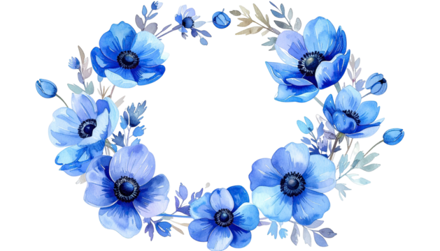 Blue watercolor anemone floral wreath isolated on black background
