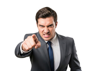 Furious businessman in a suit accusingly points finger forward demonstrating anger and frustration isolated on transparent background