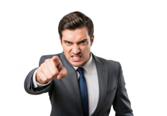 Furious businessman in a suit accusingly points finger forward demonstrating anger and frustration isolated on transparent background