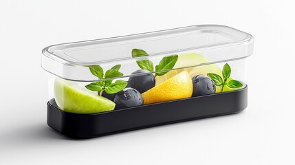 A clear rectangular container with a black base holds fresh blueberries, lemon wedges, apple slices, and basil leaves.