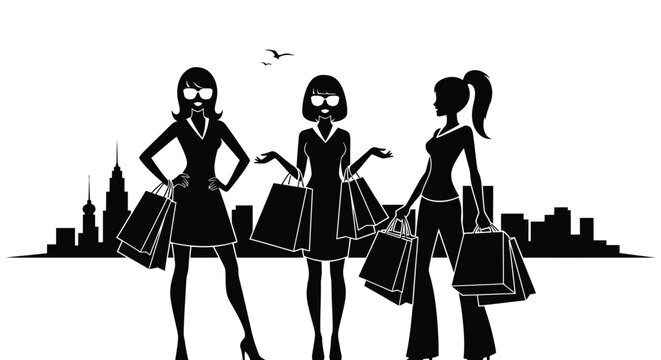 Stylish shoppers celebrating retail therapy in modern city setting