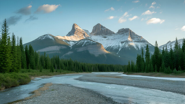 Snow-Capped Mountain Peaks with River – Serene Wilderness Landscape & Evergreen Forest