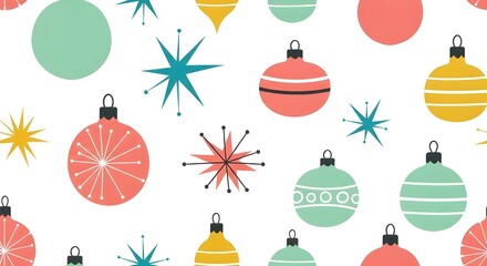 Mid-Century Modern Christmas Ornaments and Stars Retro Holiday Pattern Background