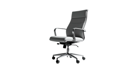 Gray office chair with chrome arms on a black background