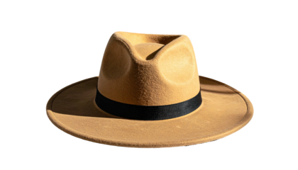 Tan felt fedora with black band isolated on a black background